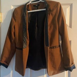 Faux Leather Detail Brown Fitted Blazer